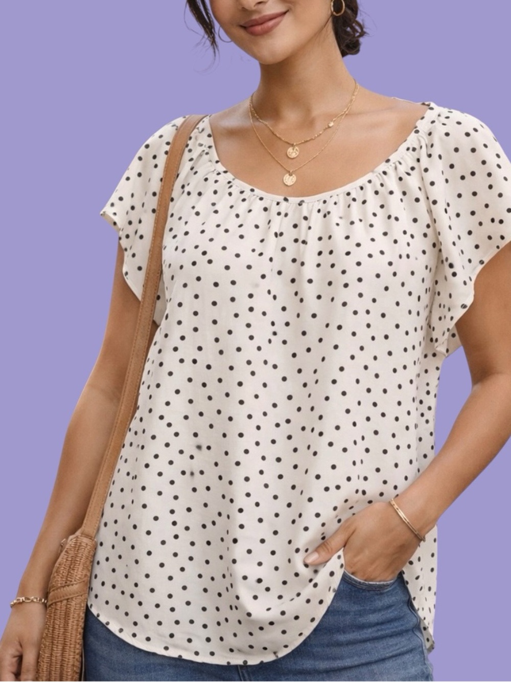 Lauren Conrad flowy lightweight sheer flutter sleeve polka dot tie back top larg - Picture 2 of 4